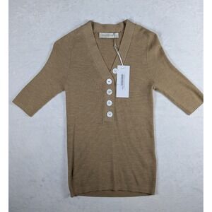 NWT $229 UN JOUR AILLEURS Paris Camel Ribbed Knit Silk/Cashmere Blend Button Top